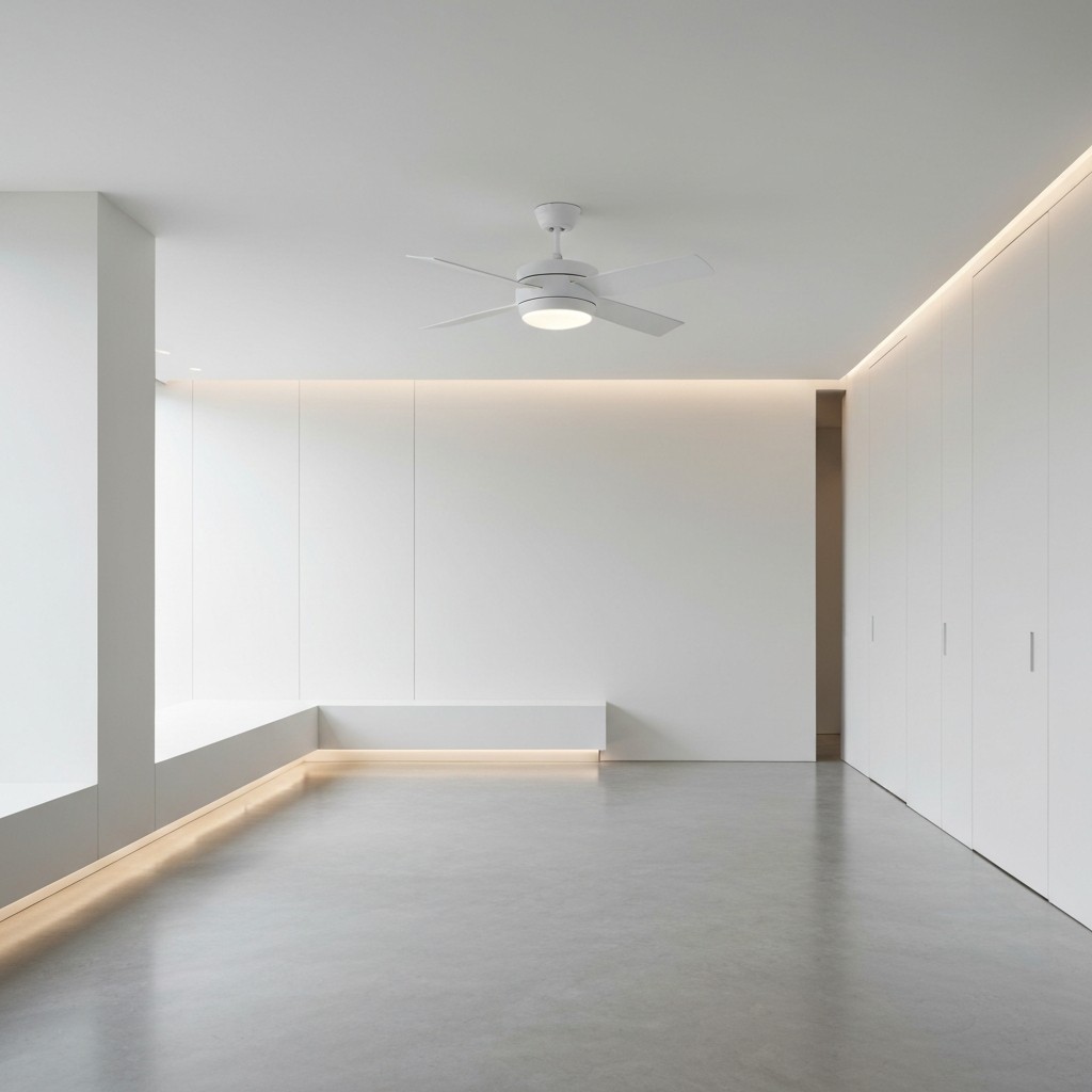 Modern smart ceiling fan with LED light in a living room